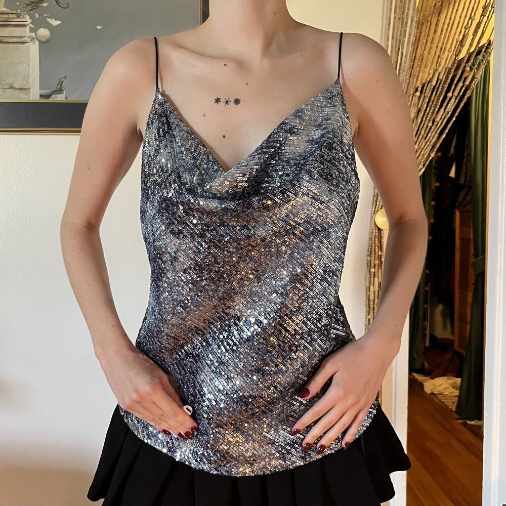 Style Rack Blue & Silver Sequin Tank Top Cowl Neck Size M Mermaid Y2K